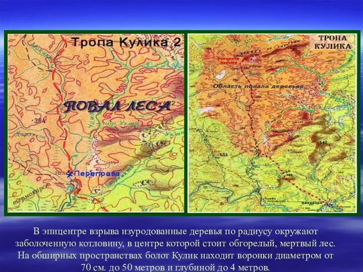 В эпицентре взрыва изуродованные деревья по радиусу окружают заболоченную котловину, в