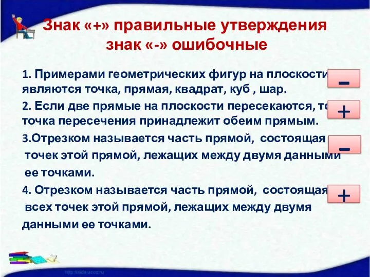 Знак «+» правильные утверждения знак «-» ошибочные 1. Примерами геометрических фигур