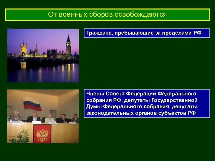 От военных сборов освобождаются Граждане, пребывающие за пределами РФ Члены Совета