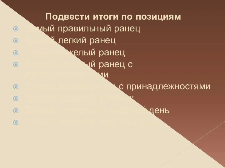 Подвести итоги по позициям Самый правильный ранец Самый легкий ранец Самый