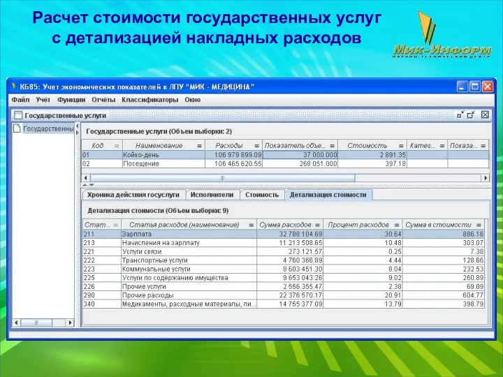 Расчет стоимости государственных услуг с детализацией накладных расходов