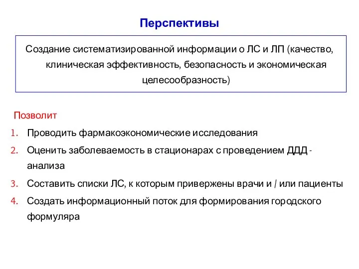 Перспективы Создание систематизированной информации о ЛС и ЛП (качество, клиническая эффективность,