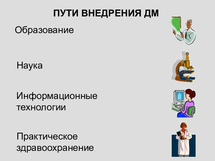 ПУТИ ВНЕДРЕНИЯ ДМ Образование Наука Практическое здравоохранение Информационные технологии