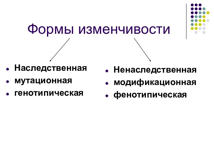 Формы изменчивости Наследственная мутационная генотипическая Ненаследственная модификационная фенотипическая