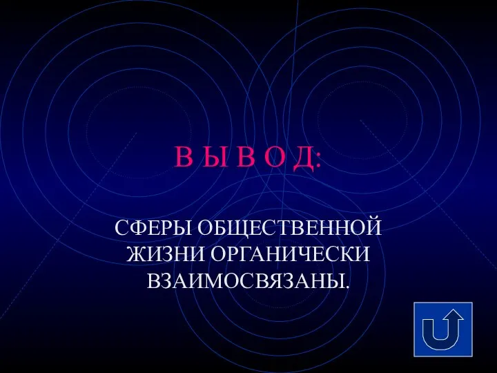 В Ы В О Д: СФЕРЫ ОБЩЕСТВЕННОЙ ЖИЗНИ ОРГАНИЧЕСКИ ВЗАИМОСВЯЗАНЫ.