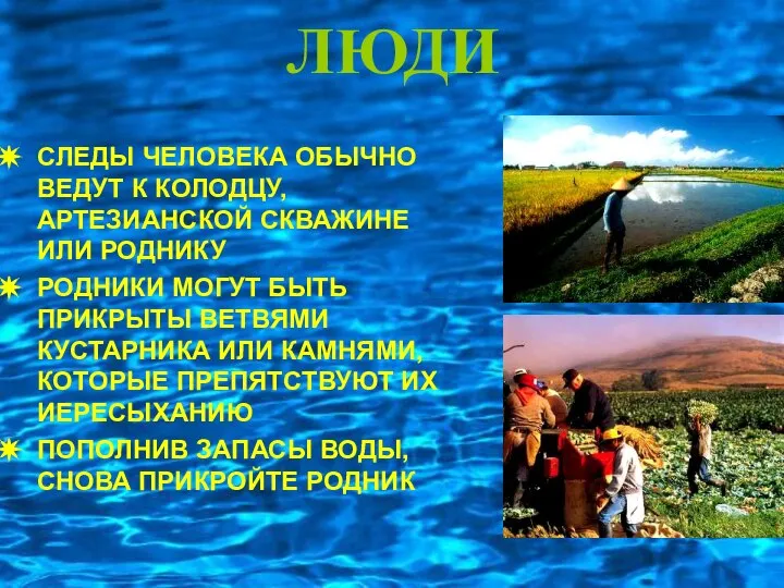 ЛЮДИ СЛЕДЫ ЧЕЛОВЕКА ОБЫЧНО ВЕДУТ К КОЛОДЦУ, АРТЕЗИАНСКОЙ СКВАЖИНЕ ИЛИ РОДНИКУ