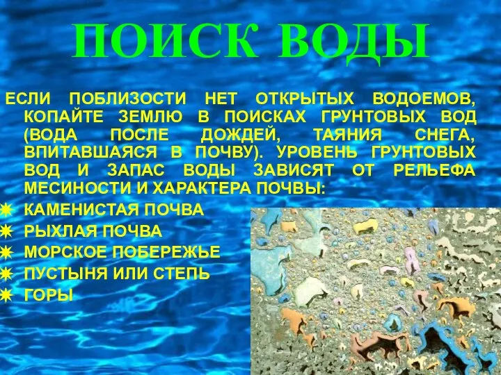 ПОИСК ВОДЫ ЕСЛИ ПОБЛИЗОСТИ НЕТ ОТКРЫТЫХ ВОДОЕМОВ, КОПАЙТЕ ЗЕМЛЮ В ПОИСКАХ