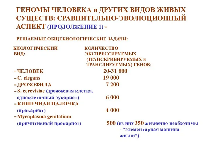 ГЕНОМЫ ЧЕЛОВЕКА и ДРУГИХ ВИДОВ ЖИВЫХ СУЩЕСТВ: СРАВНИТЕЛЬНО-ЭВОЛЮЦИОННЫЙ АСПЕКТ (ПРОДОЛЖЕНИЕ 1)