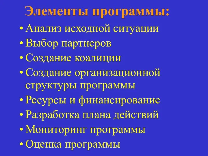 Элементы программы: Анализ исходной ситуации Выбор партнеров Создание коалиции Создание организационной