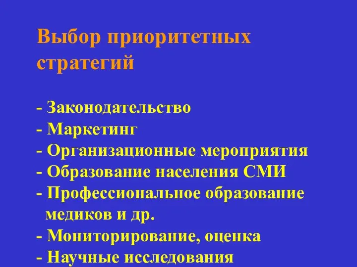 Выбор приоритетных стратегий - Законодательство - Маркетинг - Организационные мероприятия -