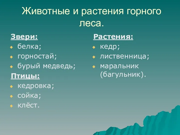 Животные и растения горного леса. Звери: белка; горностай; бурый медведь; Птицы: