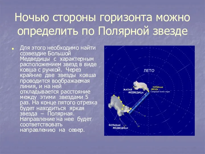 Ночью стороны горизонта можно определить по Полярной звезде Для этого необходимо