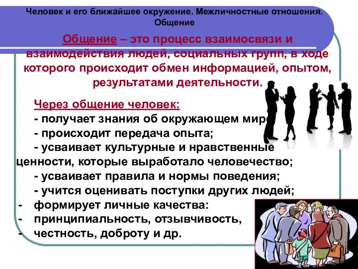 Человек и его ближайшее окружение. Межличностные отношения. Общение Общение – это