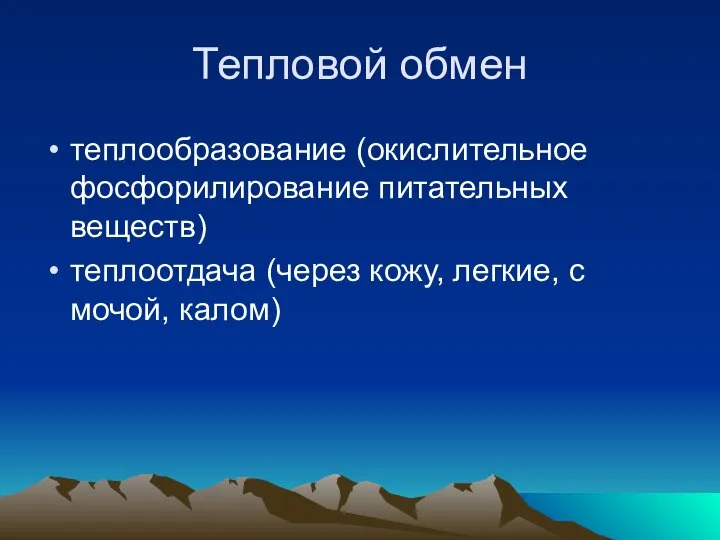 Тепловой обмен теплообразование (окислительное фосфорилирование питательных веществ) теплоотдача (через кожу, легкие, с мочой, калом)