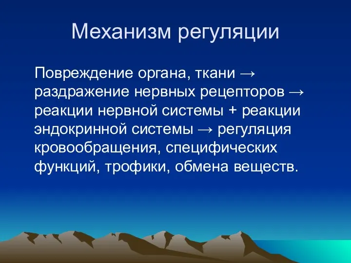 Механизм регуляции Повреждение органа, ткани → раздражение нервных рецепторов → реакции