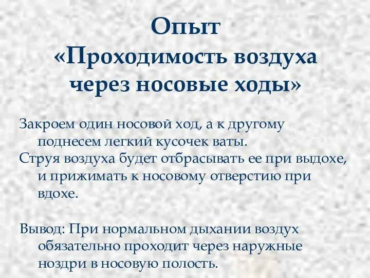 Закроем один носовой ход, а к другому поднесем легкий кусочек ваты.