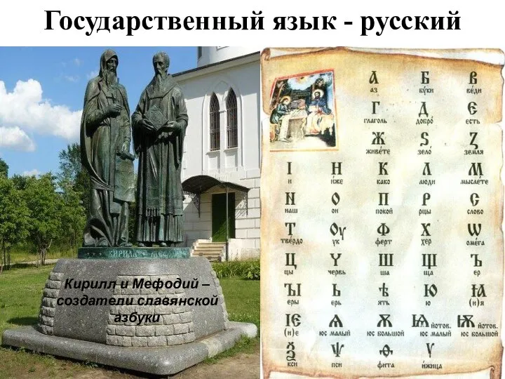 Государственный язык - русский Кирилл и Мефодий – создатели славянской азбуки