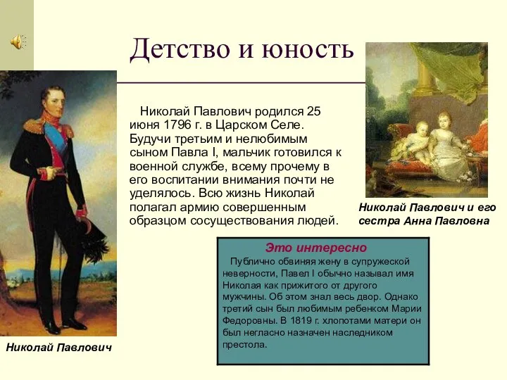 Детство и юность Николай Павлович родился 25 июня 1796 г. в