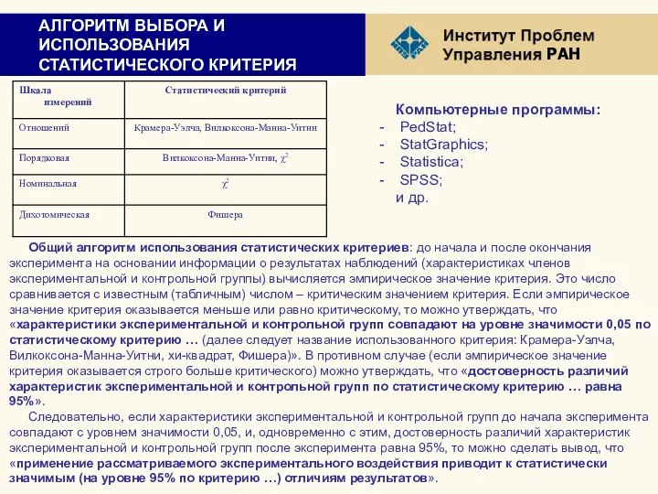 АЛГОРИТМ ВЫБОРА И ИСПОЛЬЗОВАНИЯ СТАТИСТИЧЕСКОГО КРИТЕРИЯ Общий алгоритм использования статистических критериев: