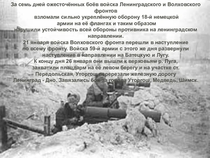 За семь дней ожесточённых боёв войска Ленинградского и Волховского фронтов взломали