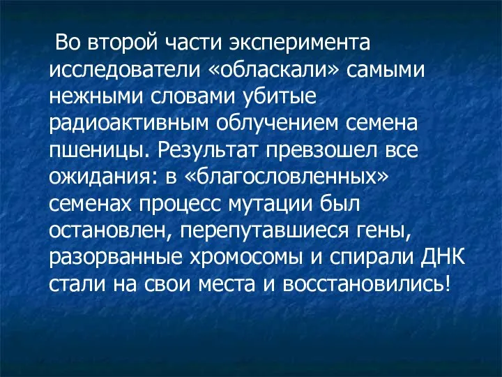 Во второй части эксперимента исследователи «обласкали» самыми нежными словами убитые радиоактивным