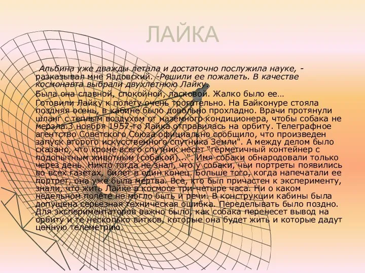 ЛАЙКА -Альбина уже дважды летала и достаточно послужила науке, - разказывал