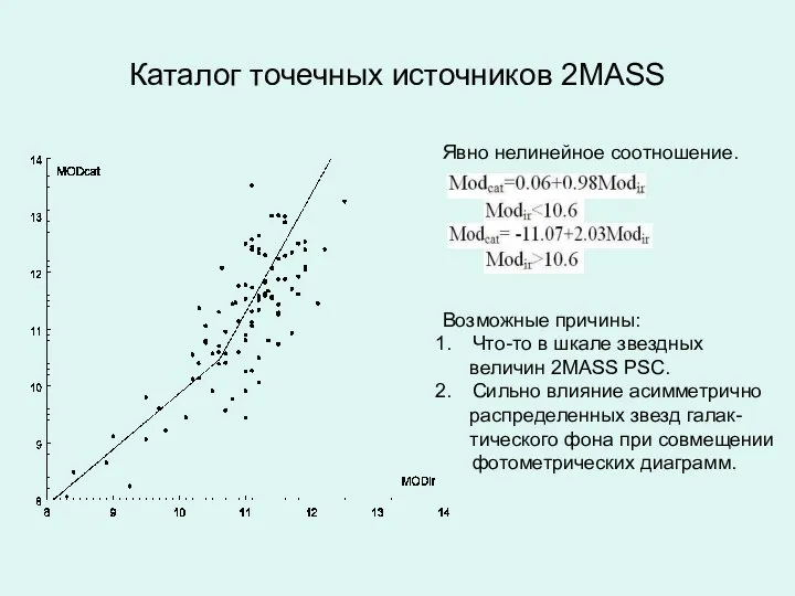 Каталог точечных источников 2MASS Явно нелинейное соотношение. Возможные причины: Что-то в