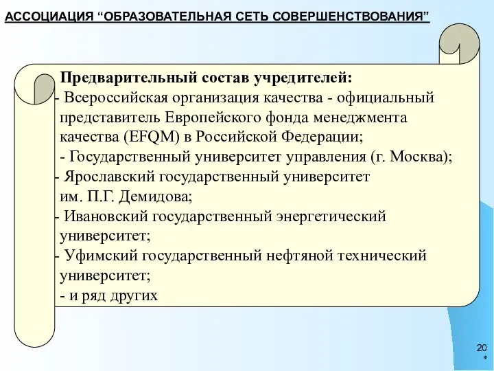 Предварительный состав учредителей: Всероссийская организация качества - официальный представитель Европейского фонда