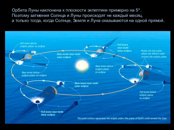 Орбита Луны наклонена к плоскости эклиптики примерно на 5о. Поэтому затмения