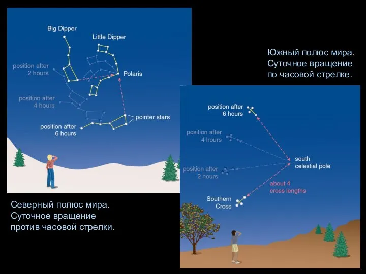 Северный полюс мира. Суточное вращение против часовой стрелки. Южный полюс мира. Суточное вращение по часовой стрелке.