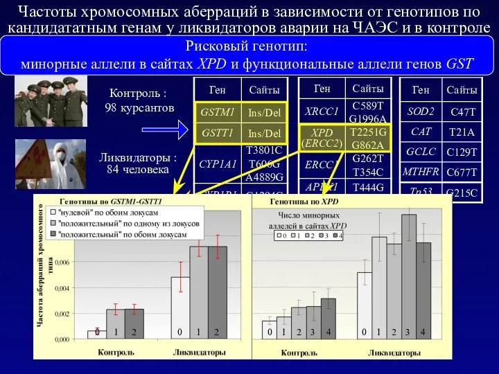 Частоты хромосомных аберраций в зависимости от генотипов по кандидататным генам у