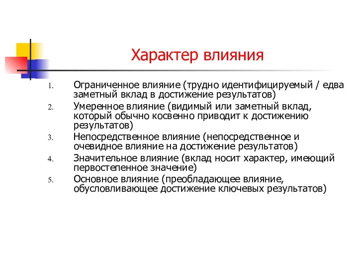 Характер влияния Ограниченное влияние (трудно идентифицируемый / едва заметный вклад в