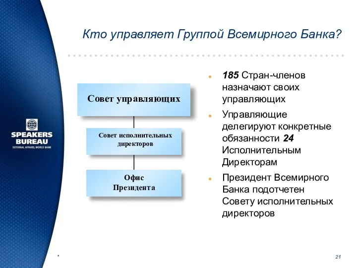 * Кто управляет Группой Всемирного Банка? 185 Стран-членов назначают своих управляющих