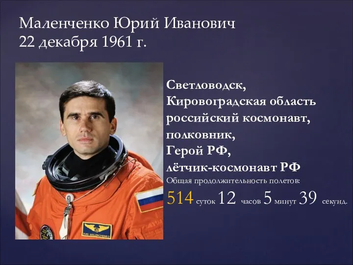 Маленченко Юрий Иванович 22 декабря 1961 г. Светловодск, Кировоградская область российский