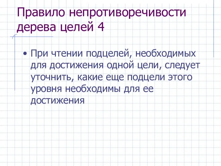 Правило непротиворечивости дерева целей 4 При чтении подцелей, необходимых для достижения