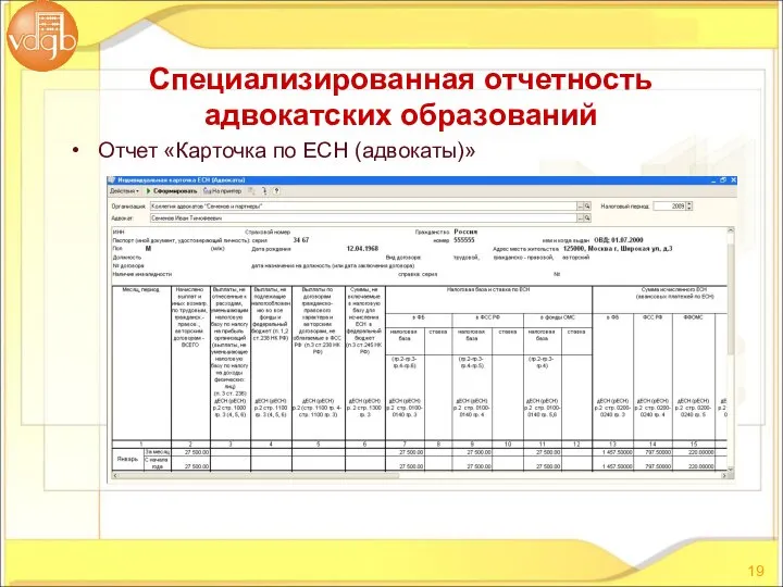 Отчет «Карточка по ЕСН (адвокаты)» Специализированная отчетность адвокатских образований