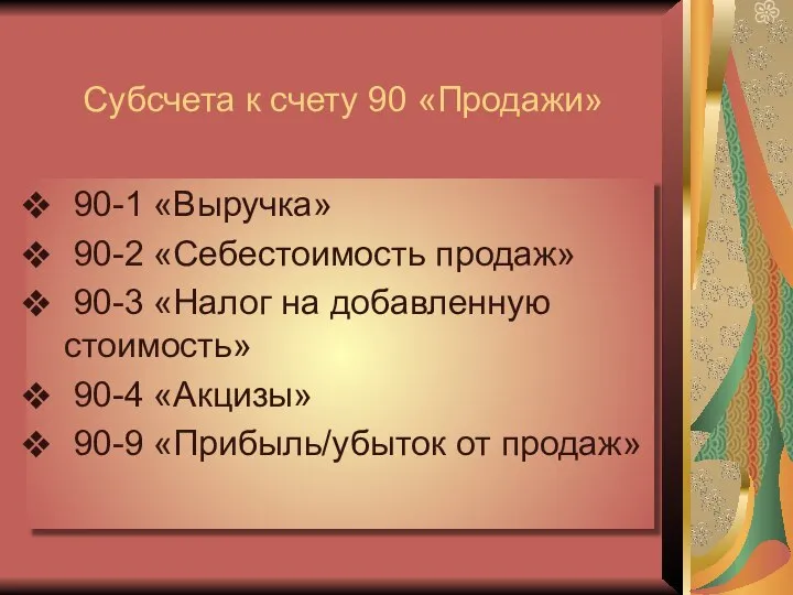 Субсчета к счету 90 «Продажи» 90-1 «Выручка» 90-2 «Себестоимость продаж» 90-3