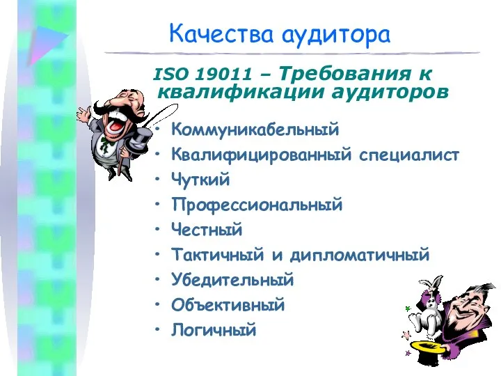 Качества аудитора ISO 19011 – Требования к квалификации аудиторов Коммуникабельный Квалифицированный