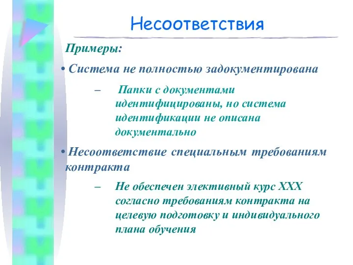 Несоответствия Примеры: Система не полностью задокументирована Папки с документами идентифицированы, но