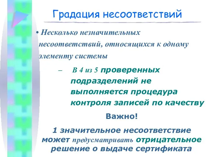 Градация несоответствий Несколько незначительных несоответствий, относящихся к одному элементу системы В