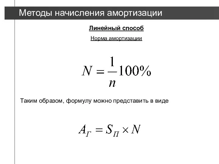 Линейный способ Таким образом, формулу можно представить в виде Методы начисления амортизации Норма амортизации ▲