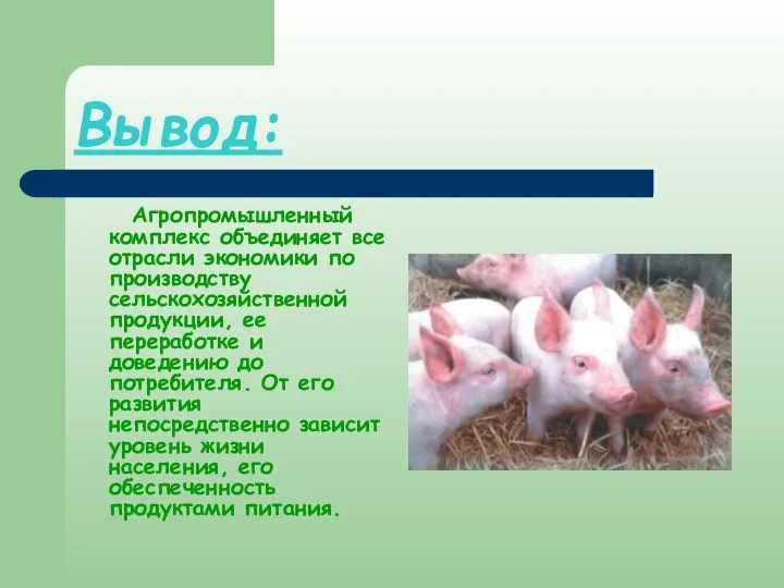 Вывод: Агропромышленный комплекс объединяет все отрасли экономики по производству сельскохозяйственной продукции,