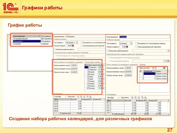 Графики работы График работы Создание набора рабочих календарей, для различных графиков