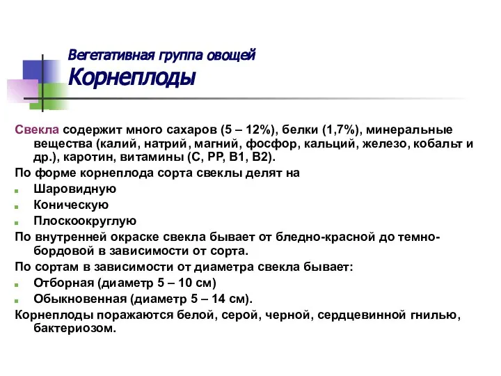 Вегетативная группа овощей Корнеплоды Свекла содержит много сахаров (5 – 12%),