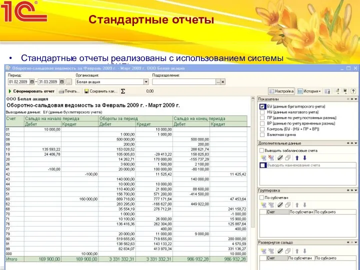 Бухгалтерия предприятия КОРП Стандартные отчеты Стандартные отчеты реализованы с использованием системы