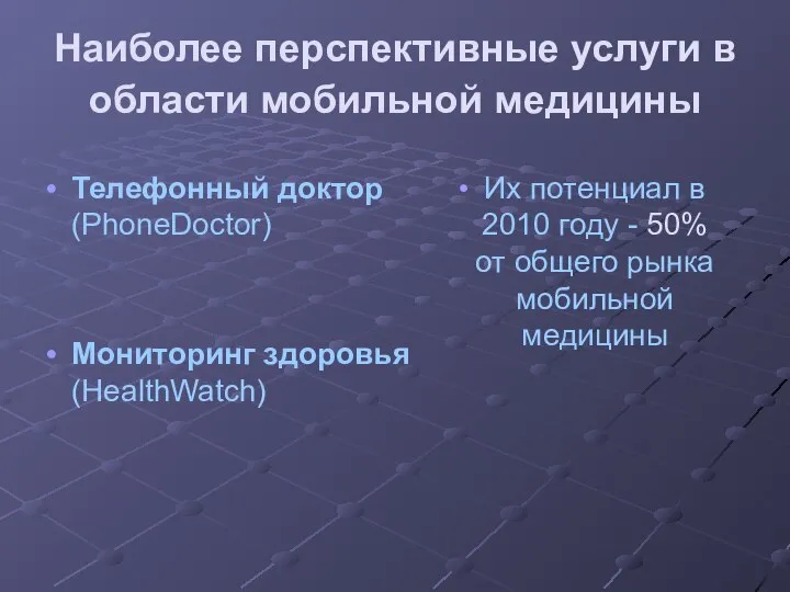 Наиболее перспективные услуги в области мобильной медицины Телефонный доктор (PhoneDoctor) Мониторинг