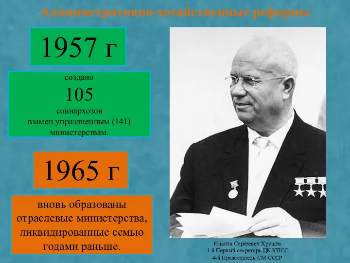 Административно-хозяйственные реформы 1957 г создано 105 совнархозов взамен упраздненным (141) министерствам.