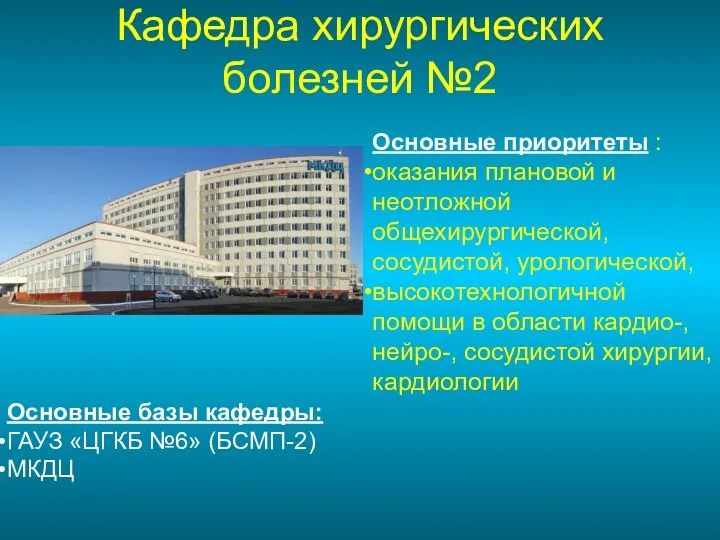 Кафедра хирургических болезней №2 Основные приоритеты : оказания плановой и неотложной