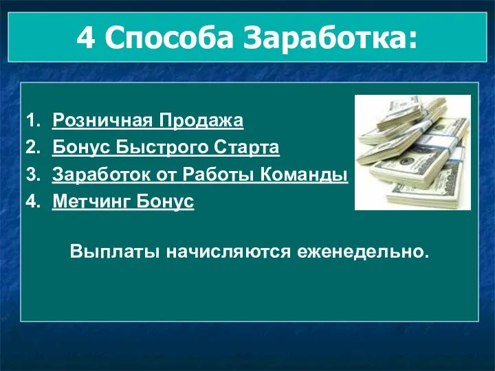 4 Способа Заработка: 1. Розничная Продажа 2. Бонус Быстрого Старта 3.