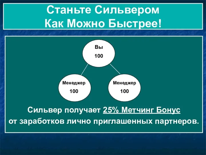 Станьте Сильвером Как Можно Быстрее! Сильвер получает 25% Метчинг Бонус от заработков лично приглашенных партнеров.